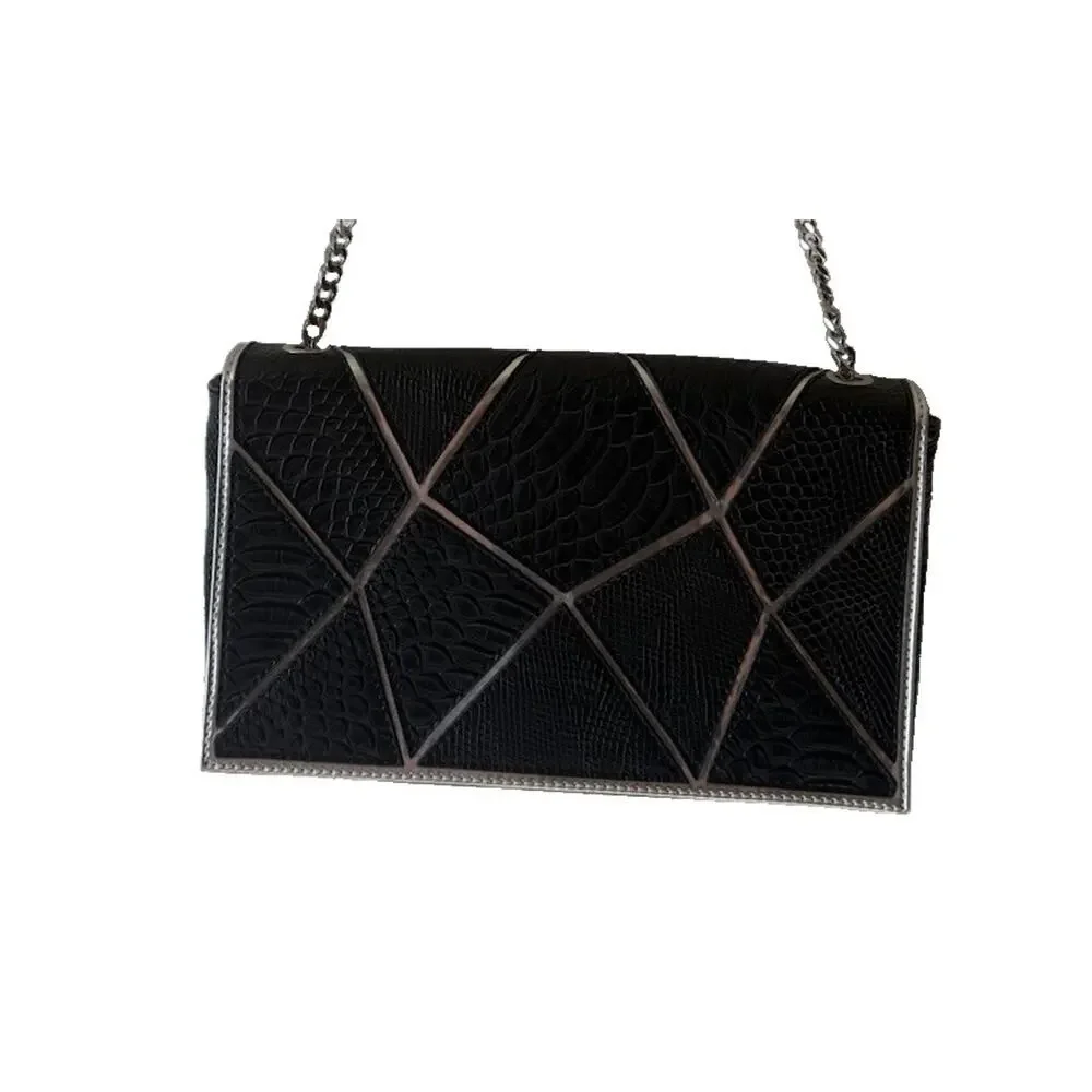 Yaumi K Black Faux Snakeskin Geometric Silver Chain Shoulder Bag 13”
